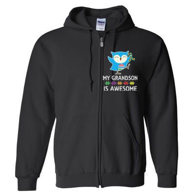 Autism Awareness Autistic Grandson Support Owl Full Zip Hoodie