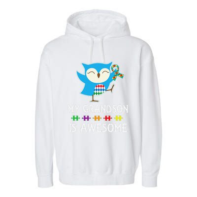 Autism Awareness Autistic Grandson Support Owl Garment-Dyed Fleece Hoodie