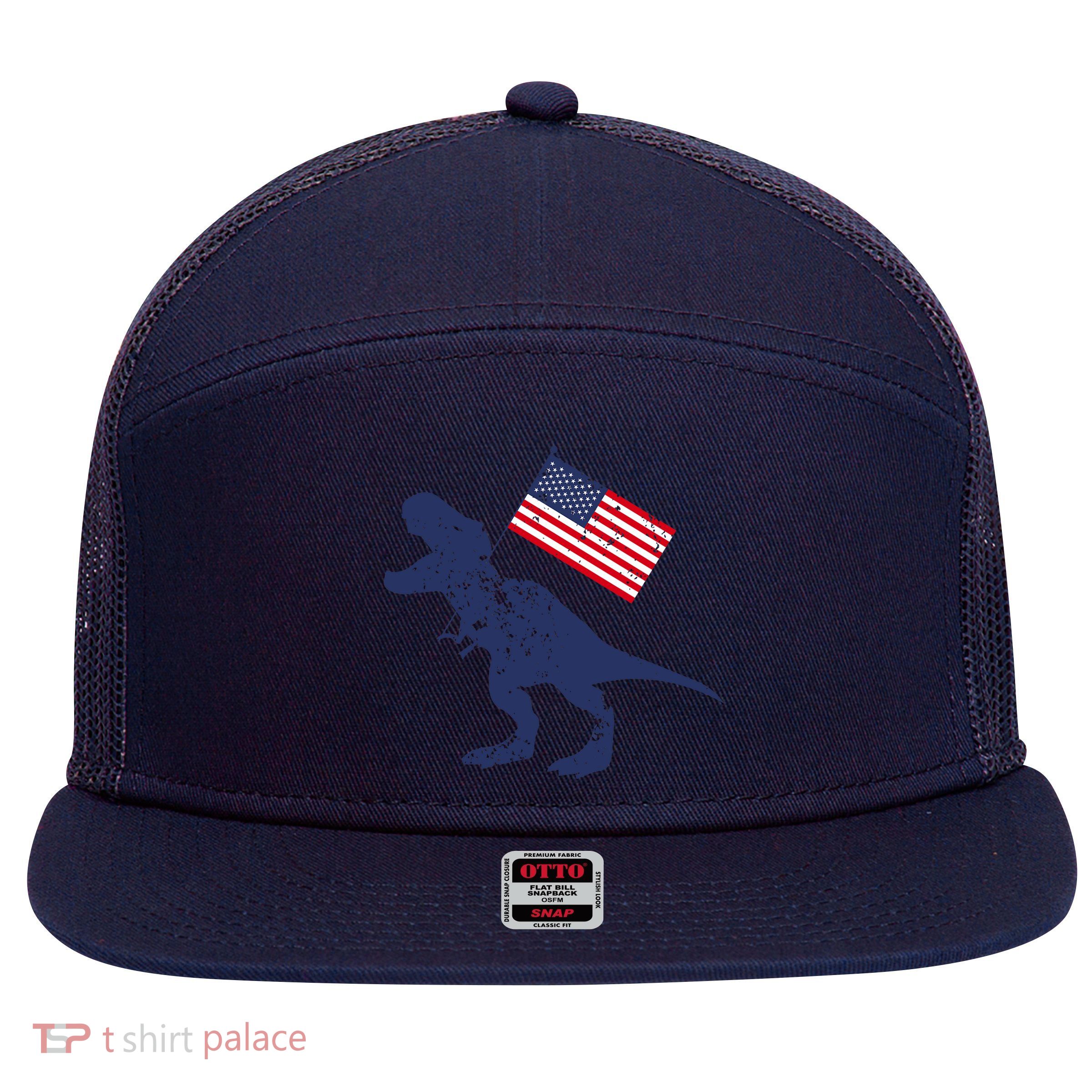Awesome America American Dino Flag July 4th USA Dinosaur 7 Panel Mesh Trucker Snapback Hat