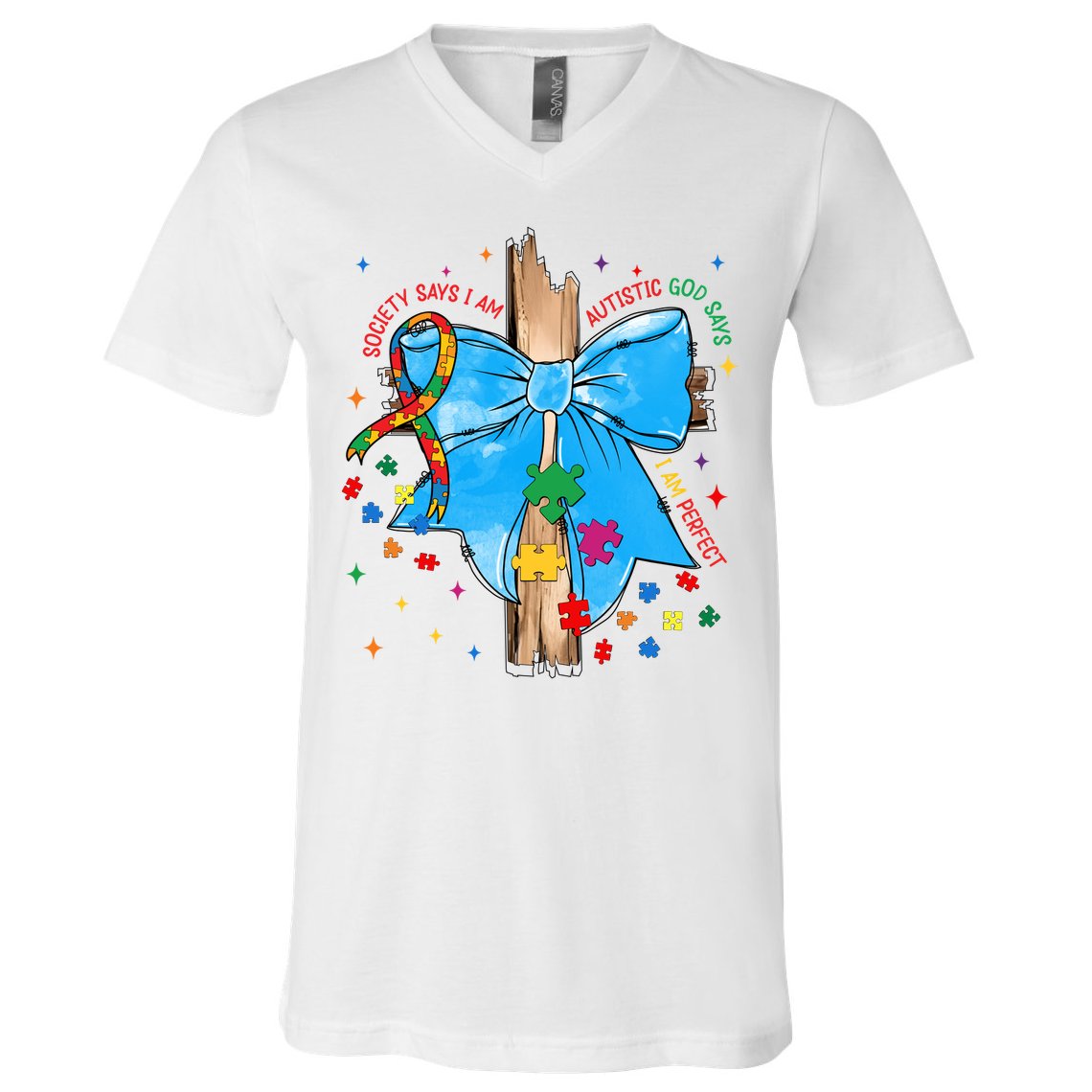 Autism Awareness Autistic God Save Faith  V-Neck T-Shirt