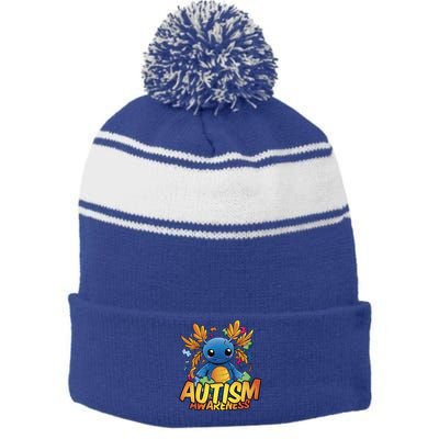 Axolotl Autism Awareness Stripe Pom Pom Beanie