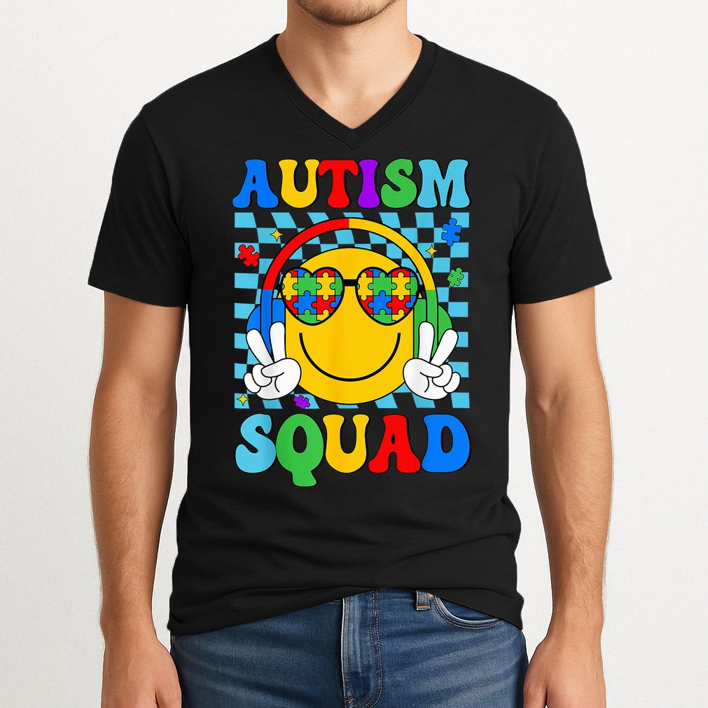 Autism Awareness Autism Squad Support Smile Face V-Neck T-Shirt
