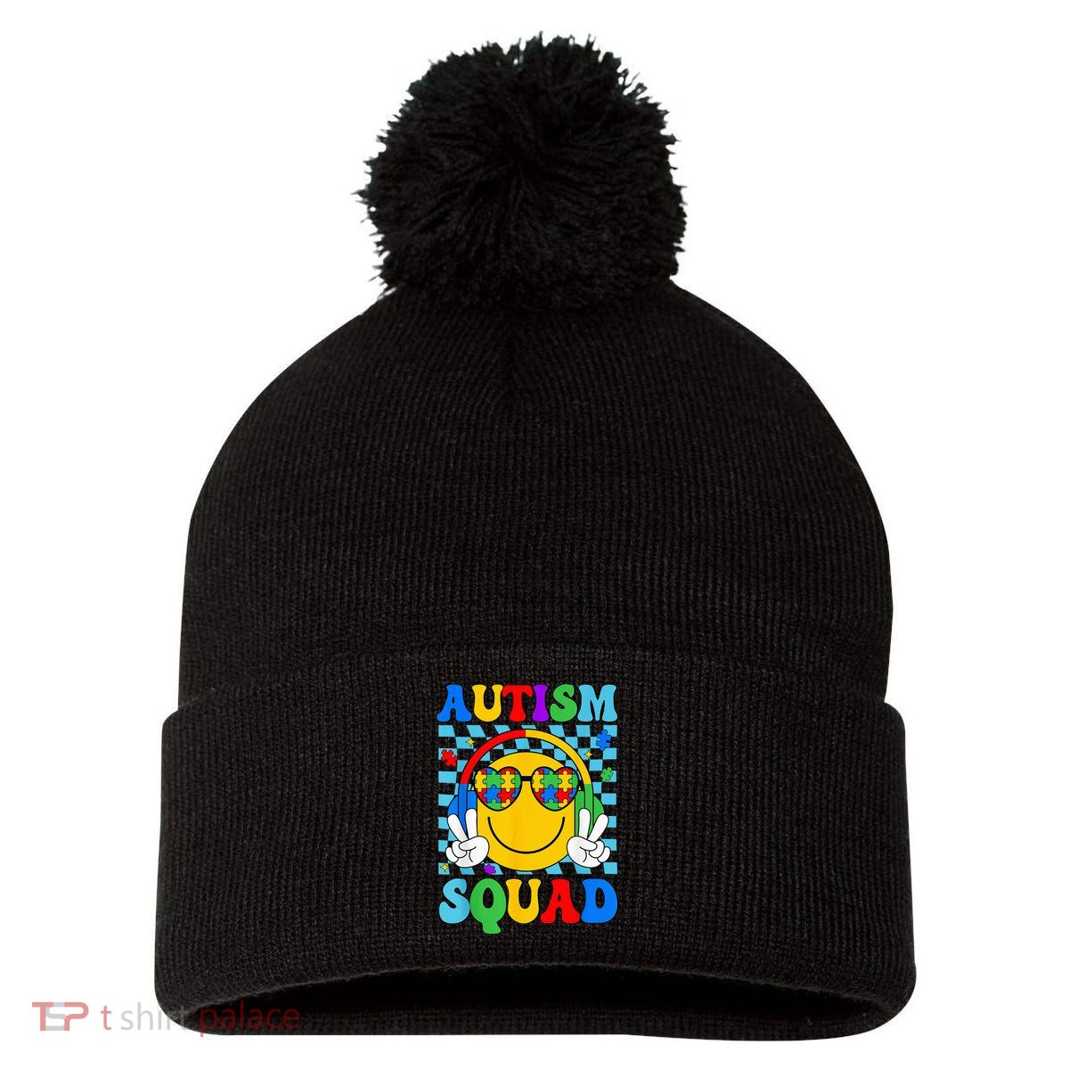 Autism Awareness Autism Squad Support Smile Face Pom Pom 12in Knit Beanie