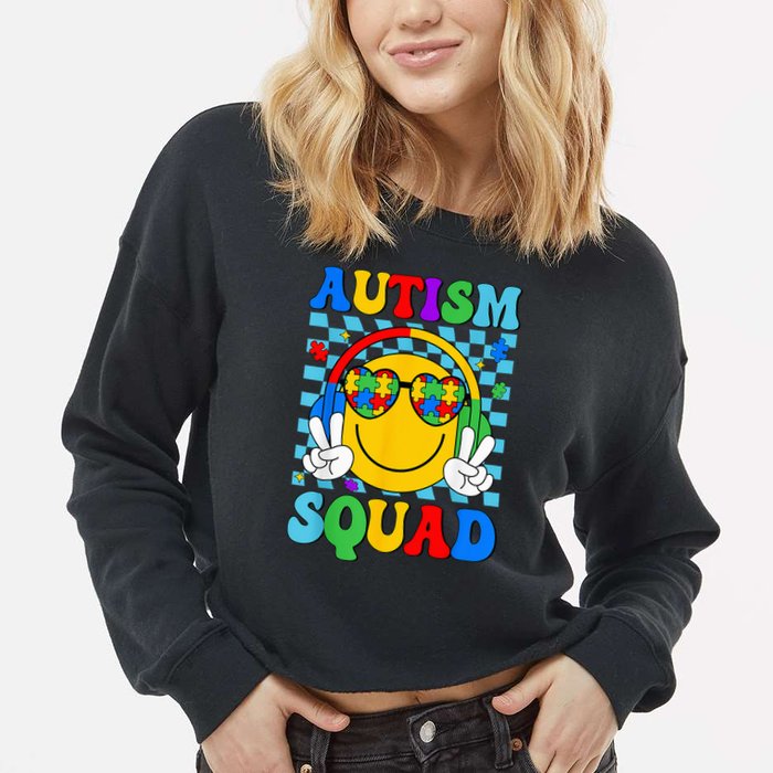 Autism Awareness Autism Squad Support Smile Face Cropped Pullover Crew
