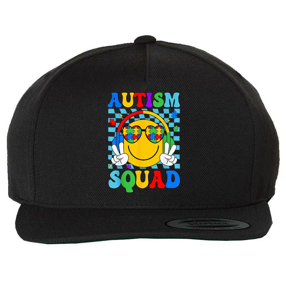 Autism Awareness Autism Squad Support Smile Face Wool Snapback Cap