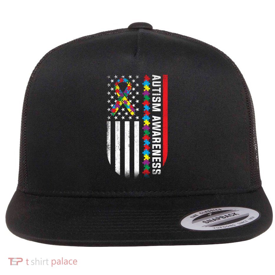 Autism Awareness American Flag Great Gift Flat Bill Trucker Hat