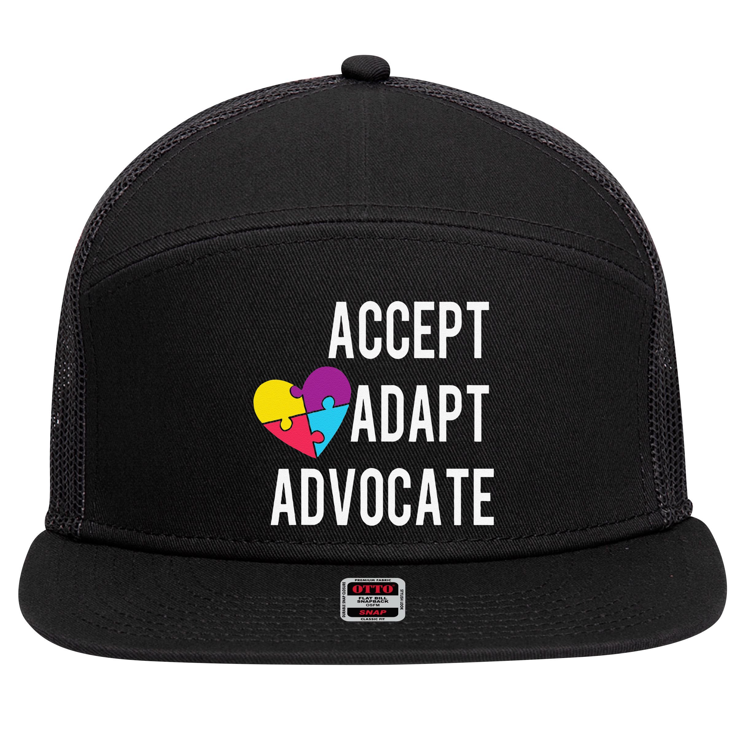 Autism Awareness Accept Adapt Advocate Autism Gift 7 Panel Mesh Trucker Snapback Hat