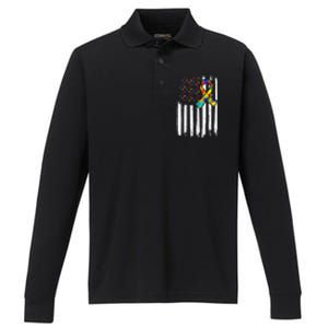 Autism Awareness American Flag Autism Ribbon Women Performance Long Sleeve Polo