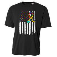 Autism Awareness American Flag Autism Ribbon Women Cooling Performance Crew T-Shirt