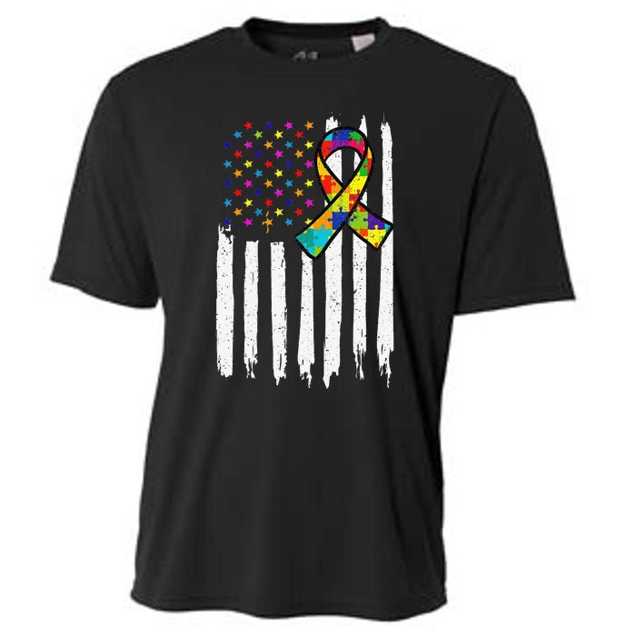 Autism Awareness American Flag Autism Ribbon Women Cooling Performance Crew T-Shirt