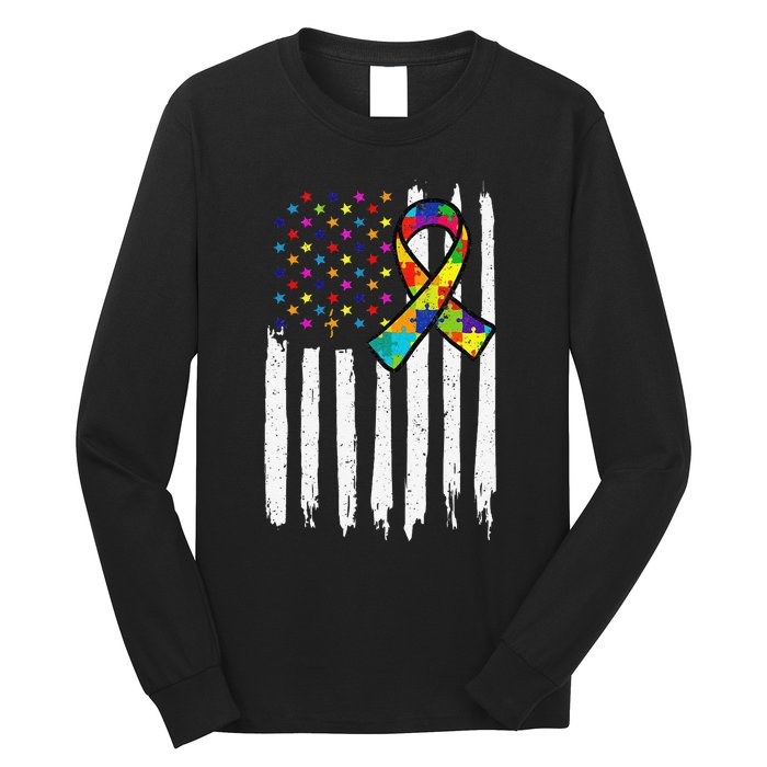 Autism Awareness American Flag Autism Ribbon Women Long Sleeve Shirt