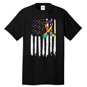 Autism Awareness American Flag Autism Ribbon Women Tall T-Shirt