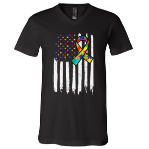 Autism Awareness American Flag Autism Ribbon Women V-Neck T-Shirt