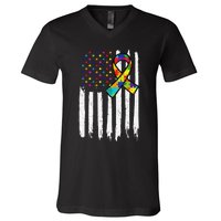 Autism Awareness American Flag Autism Ribbon Women V-Neck T-Shirt