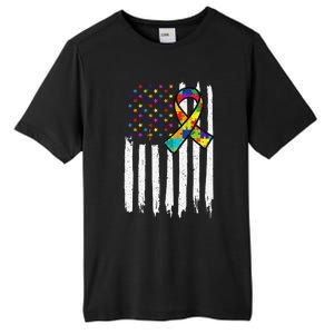 Autism Awareness American Flag Autism Ribbon Women Tall Fusion ChromaSoft Performance T-Shirt