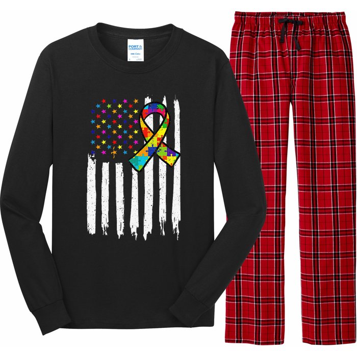 Autism Awareness American Flag Autism Ribbon Women Long Sleeve Pajama Set