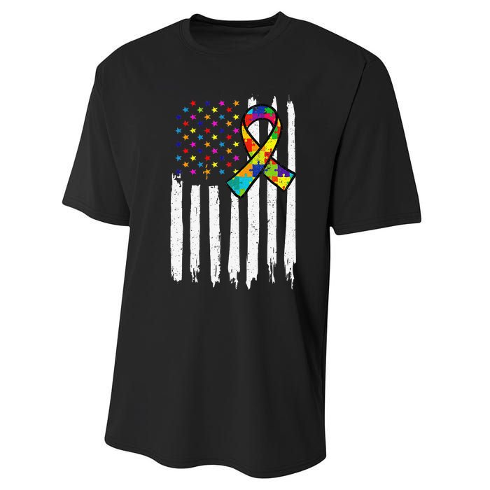 Autism Awareness American Flag Autism Ribbon Women Performance Sprint T-Shirt