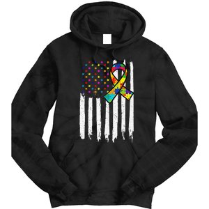 Autism Awareness American Flag Autism Ribbon Women Tie Dye Hoodie