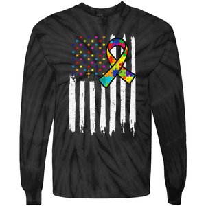 Autism Awareness American Flag Autism Ribbon Women Tie-Dye Long Sleeve Shirt