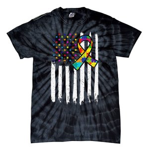 Autism Awareness American Flag Autism Ribbon Women Tie-Dye T-Shirt