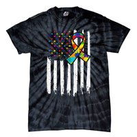 Autism Awareness American Flag Autism Ribbon Women Tie-Dye T-Shirt