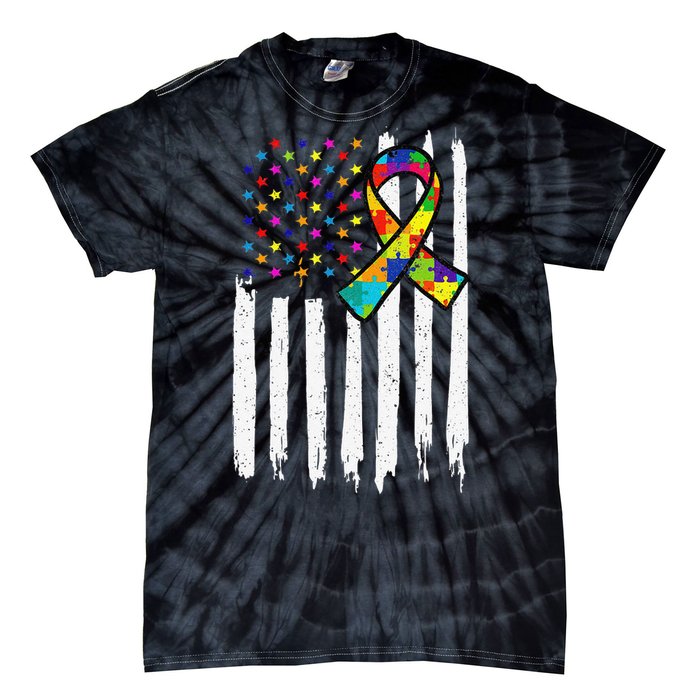 Autism Awareness American Flag Autism Ribbon Women Tie-Dye T-Shirt