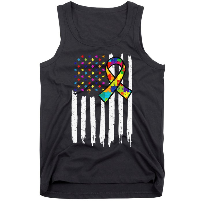 Autism Awareness American Flag Autism Ribbon Women Tank Top