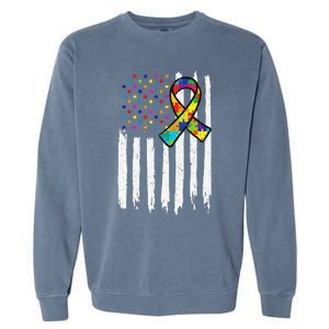 Autism Awareness American Flag Autism Ribbon Women Garment-Dyed Sweatshirt