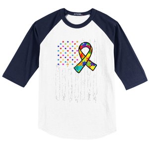 Autism Awareness American Flag Autism Ribbon Women Baseball Sleeve Shirt