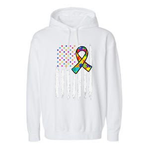 Autism Awareness American Flag Autism Ribbon Women Garment-Dyed Fleece Hoodie