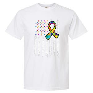 Autism Awareness American Flag Autism Ribbon Women Garment-Dyed Heavyweight T-Shirt