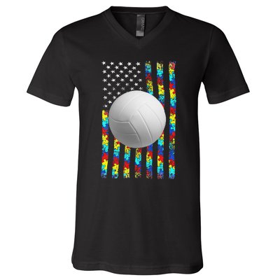 Autism Awareness American Flag Volleyball V-Neck T-Shirt