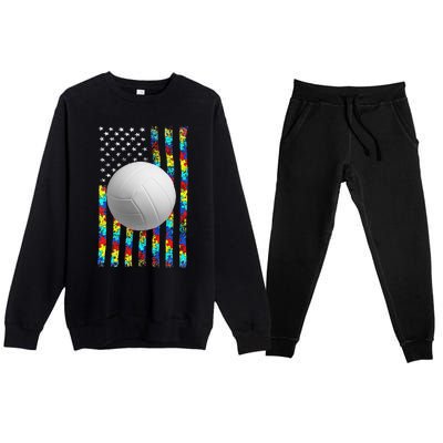 Autism Awareness American Flag Volleyball Premium Crewneck Sweatsuit Set