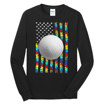 Autism Awareness American Flag Volleyball Tall Long Sleeve T-Shirt