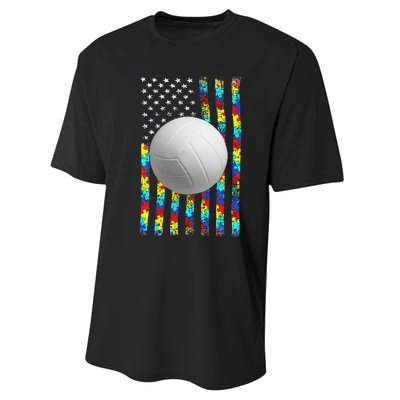 Autism Awareness American Flag Volleyball Performance Sprint T-Shirt