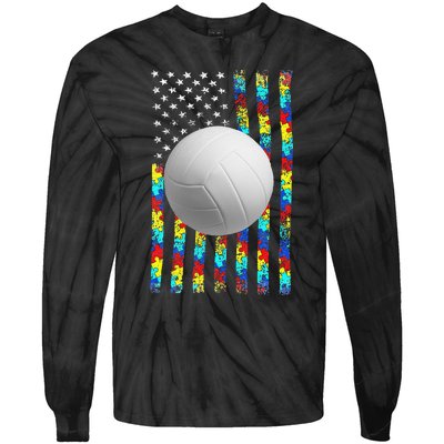 Autism Awareness American Flag Volleyball Tie-Dye Long Sleeve Shirt