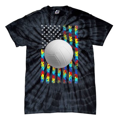 Autism Awareness American Flag Volleyball Tie-Dye T-Shirt