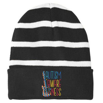 AUTISM AWARENESS AUTISTISM PUZZLE GUITAR DESIGN GIFTS Striped Beanie with Solid Band