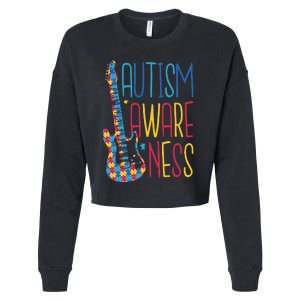 AUTISM AWARENESS AUTISTISM PUZZLE GUITAR DESIGN GIFTS Cropped Pullover Crew