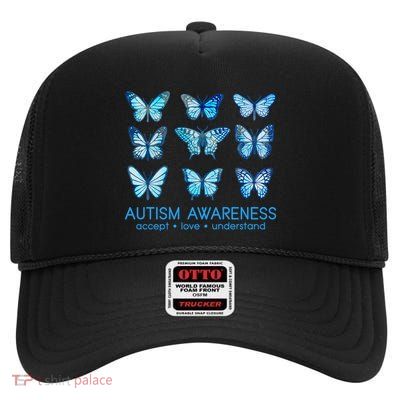 Autism Awareness Accept Love Understand Blue Butterflies High Crown Mesh Back Trucker Hat