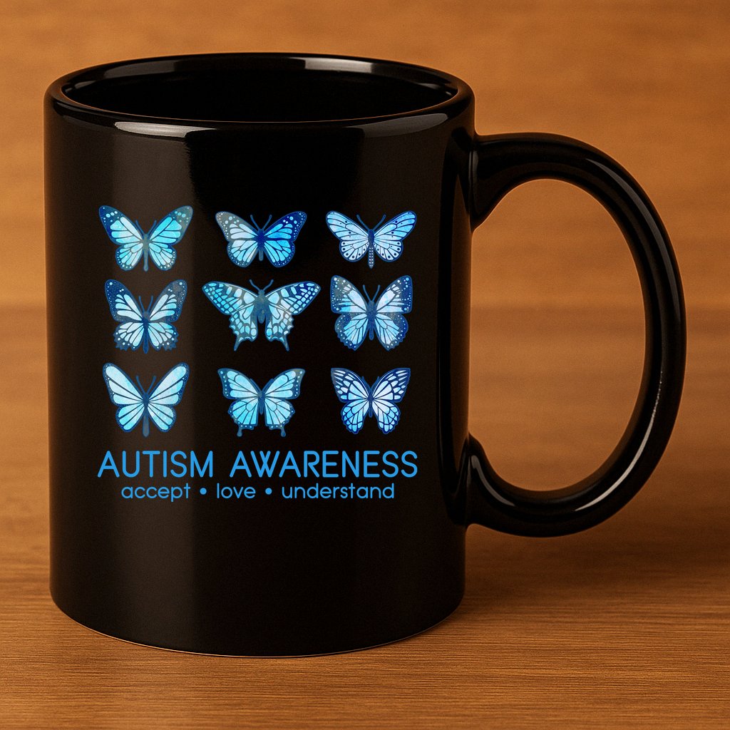Autism Awareness Accept Love Understand Blue Butterflies 11oz C Handle Ceramic Mug