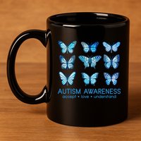 Autism Awareness Accept Love Understand Blue Butterflies 11oz C Handle Ceramic Mug