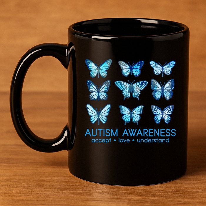 Autism Awareness Accept Love Understand Blue Butterflies 11oz C Handle Ceramic Mug