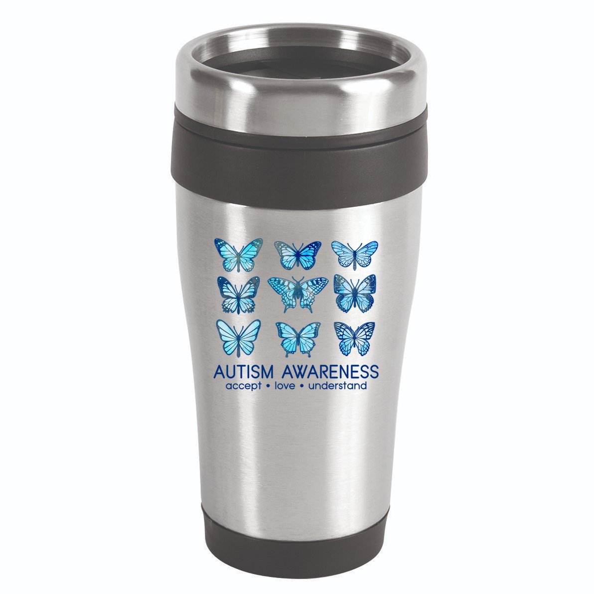Autism Awareness Accept Love Understand Blue Butterflies 16oz Travel Tumbler