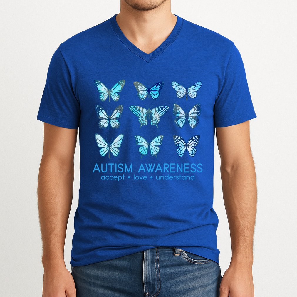 Autism Awareness Accept Love Understand Blue Butterflies V-Neck T-Shirt