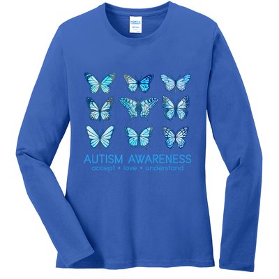 Autism Awareness Accept Love Understand Blue Butterflies Ladies Long Sleeve Shirt