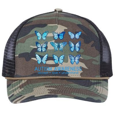 Autism Awareness Accept Love Understand Blue Butterflies Retro Rope Trucker Hat Cap