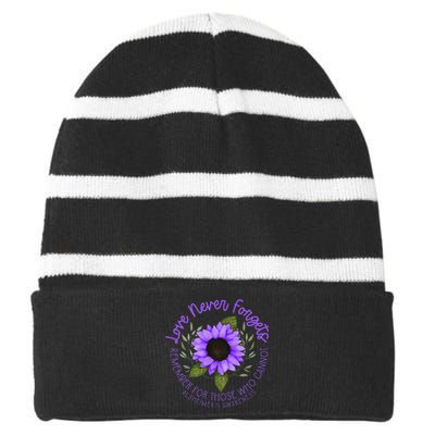 Alzheimer Awareness And Women Purple Sunflower Striped Beanie with Solid Band