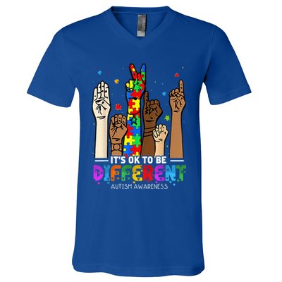 Autism Awareness Acceptance Wo Kid Its Ok To Be Different V-Neck T-Shirt