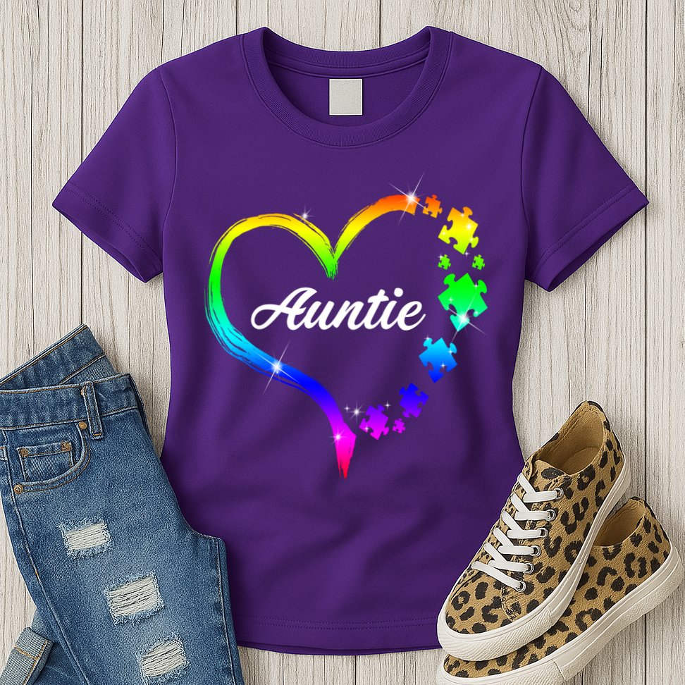 Auntie Autism Awareness Rainbow Heart Womens T-Shirt